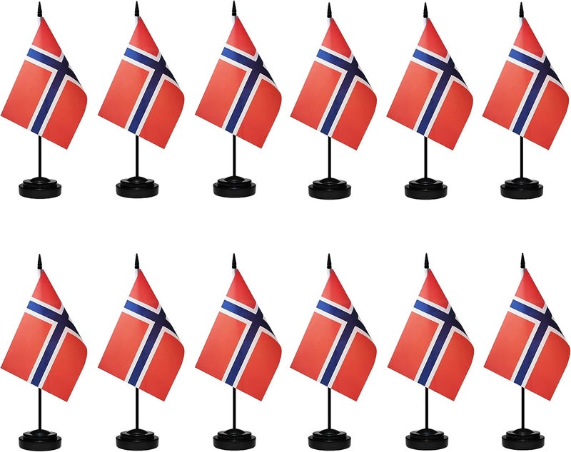 tibijoy Norway Flags Norwegian Desk Flags Set Small Mini Norway Flags Table Flag with 13" Black Pole, Black Base and Spear Top, Miniature Norwegian Deluxe Desktop Flag, Home Decoration, Office Decoration, Festival Celebrations(12 Pack ) - Image 1